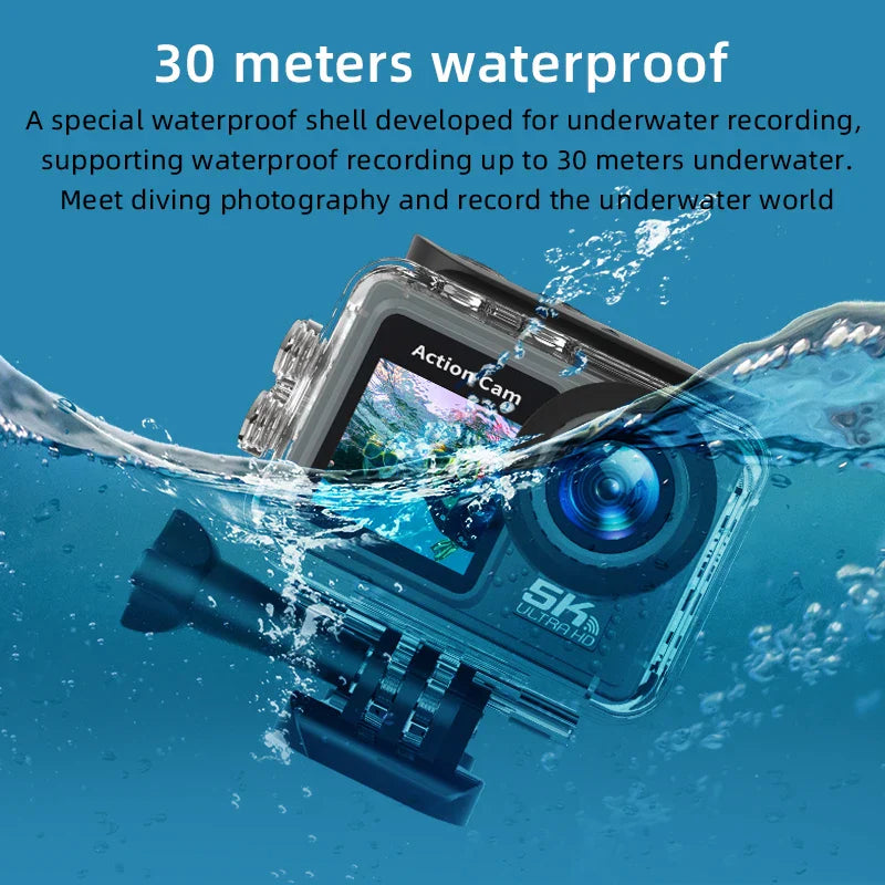 5K Ultra HD Action Camera – Dual Screen, EIS, 30M Case